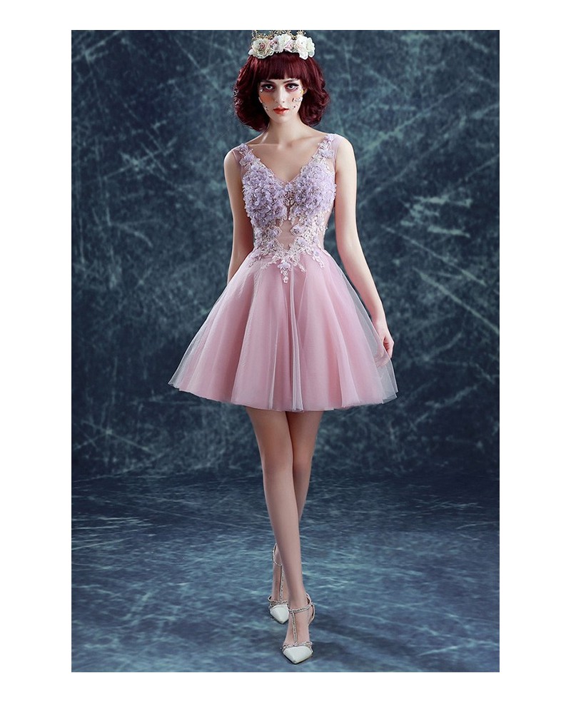 A-line V-neck Short Tulle Formal Dress With Flowers