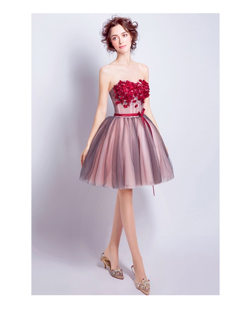 Red Ball-gown Sweetheart Short Tulle Formal Dress With Flowers