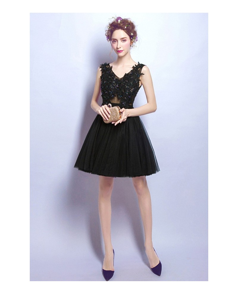 Black A-line V-neck Short Tulle Formal Dress With Beading - Click Image to Close