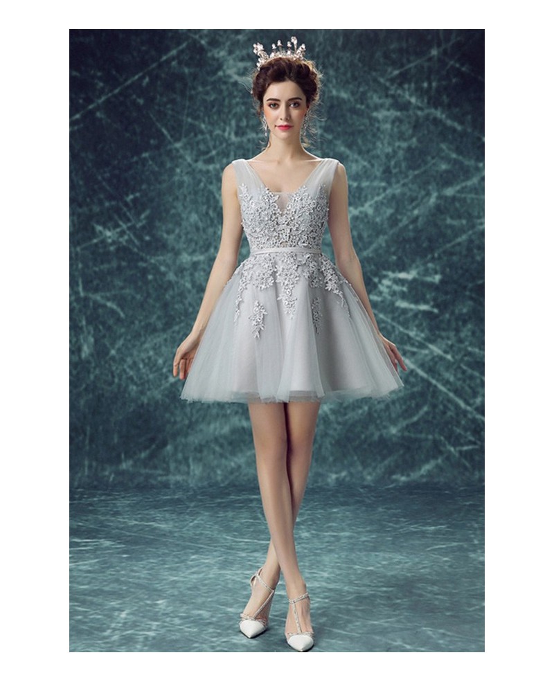 Grey A-line V-neck Short Tulle Formal Dress With Appliques Lace - Click Image to Close