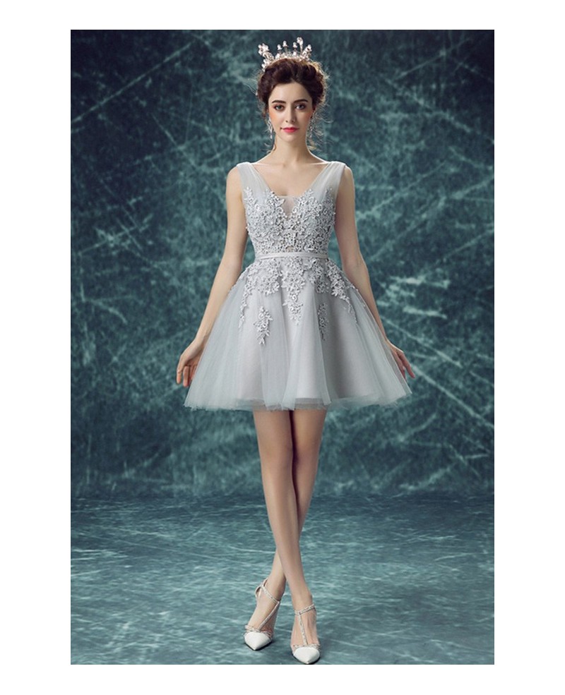 Grey A-line V-neck Short Tulle Formal Dress With Appliques Lace