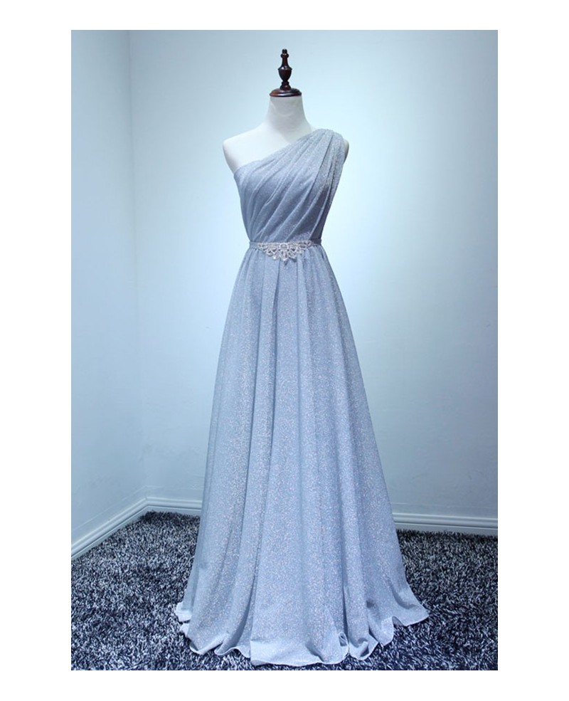 Elegant A-line One-shoulder Floor-length Sequined Prom Dress With Belt