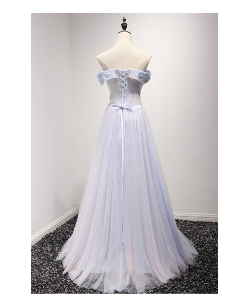 Sky Blue A-line Off-the-shoulder Floor-length Tulle Prom Dress With Appliques Lace