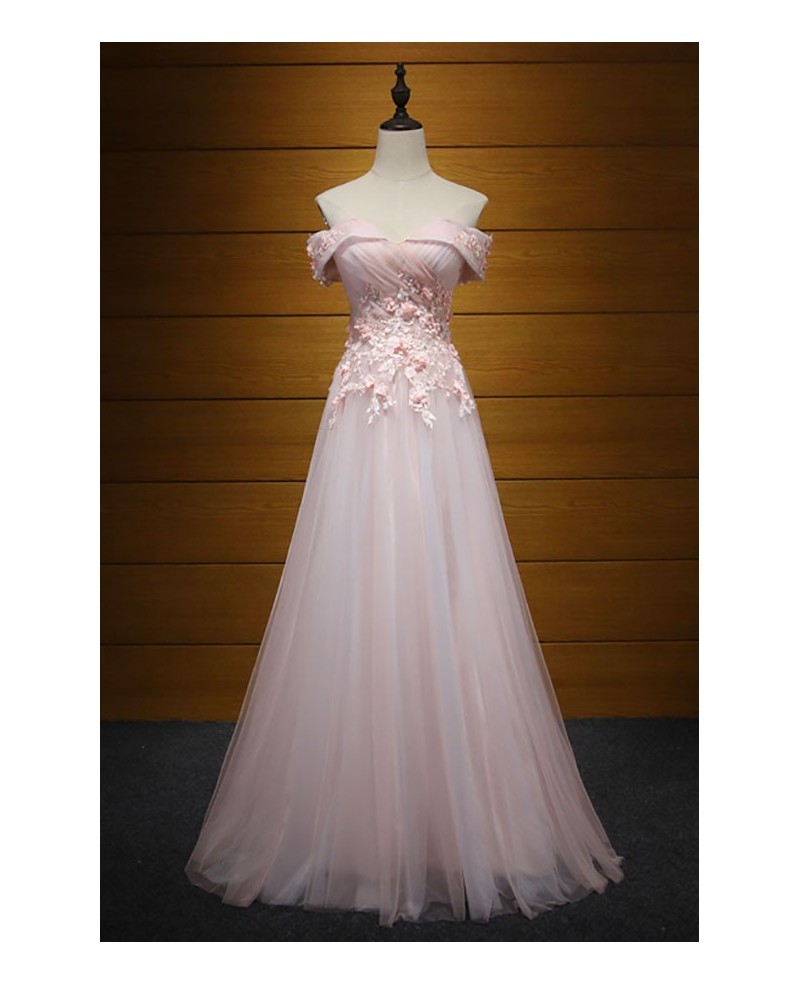 Blush A-line Off-the-shoulder Floor-length Tulle Prom Dress With Appliques Lace