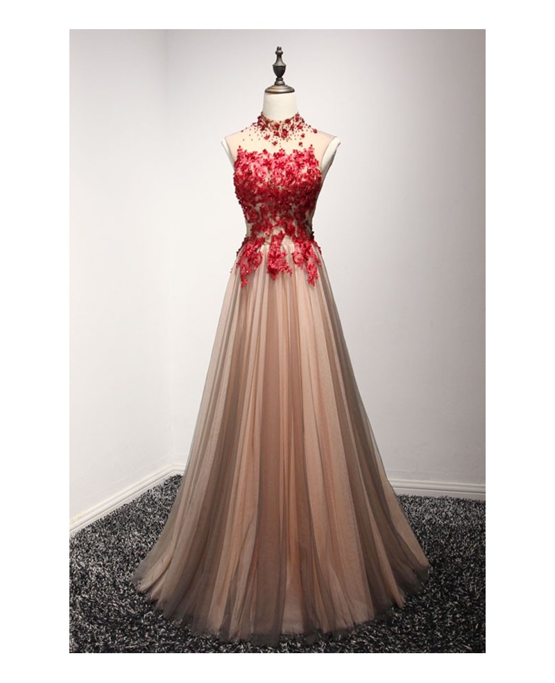 Special A-line High Neck Floor-length Tulle Prom Dress With Appliques Lace