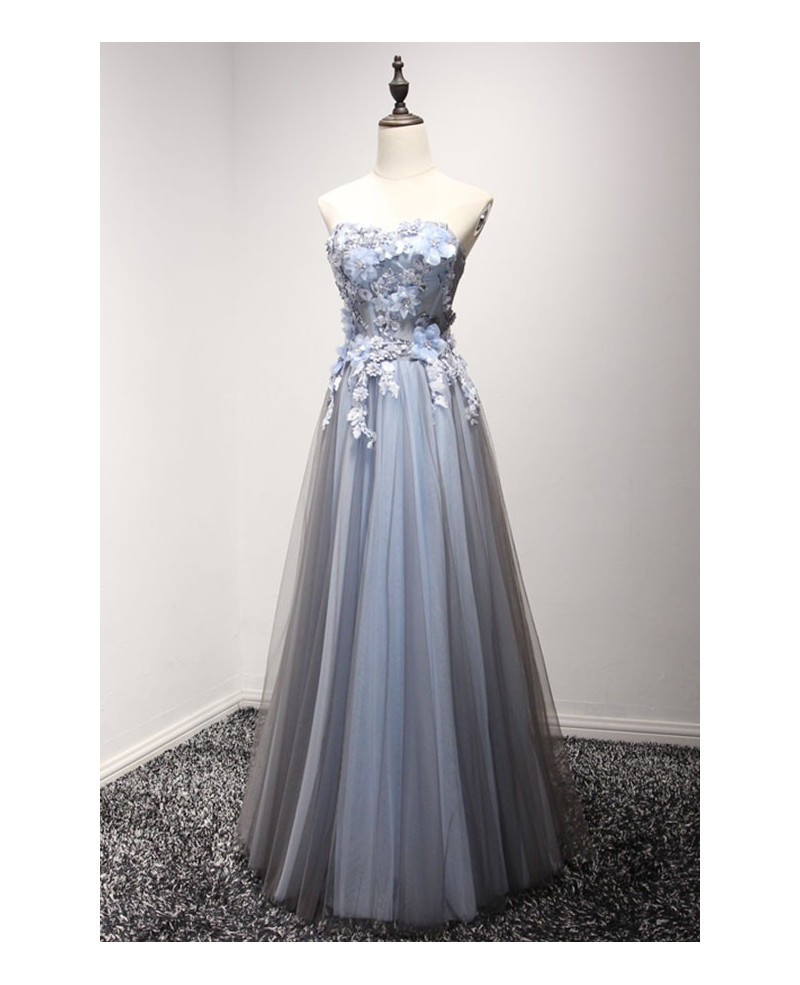 Dusty Blue A-line Strapless Floor-length Tulle Prom Dress With Appliques Lace
