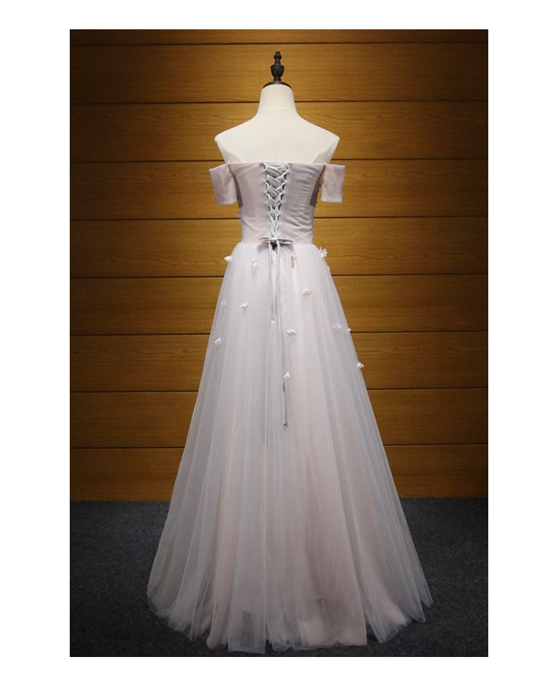 Dreamy A-line Off-the-shoulder Floor-length Tulle Prom Dress With Appliques Lace