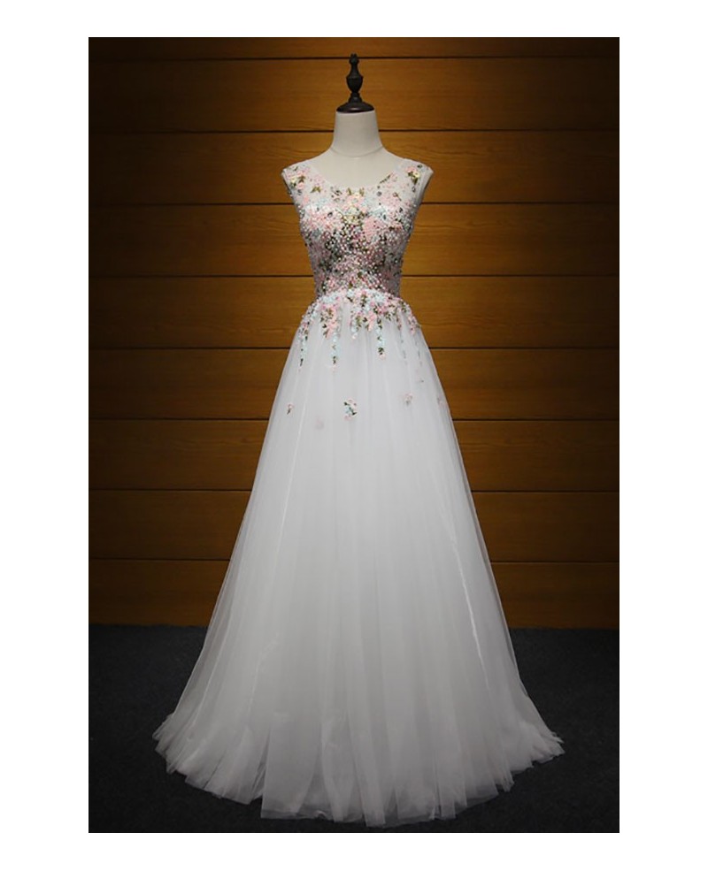 Dreamy A-line Scoop Neck Floor-length Tulle Prom Dress With Beading