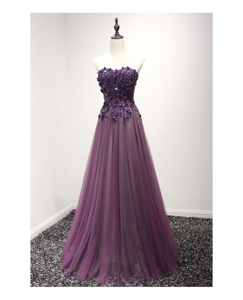 Purple A-line Sweetheart Floor-length Tulle Prom Dress With Beading