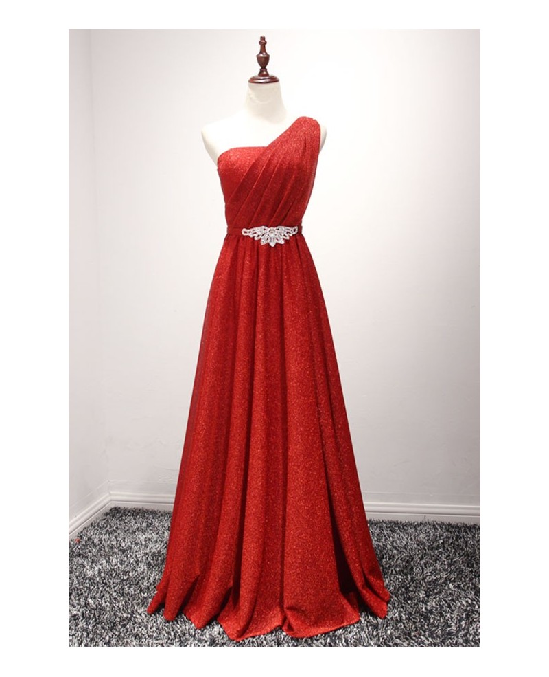 Red A-line One-shoulder Floor-length Sequined Prom Dress With Belt