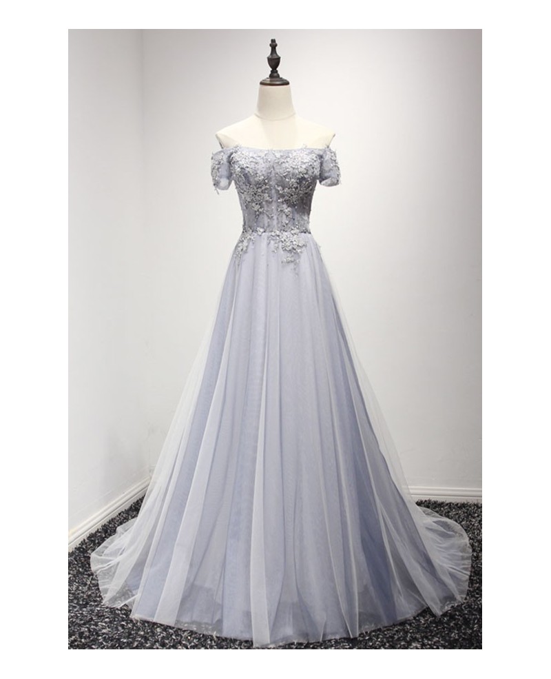 Dusty Blue A-line Off-the-shoulder Floor-length Tulle Prom Dress With Appliques Lace