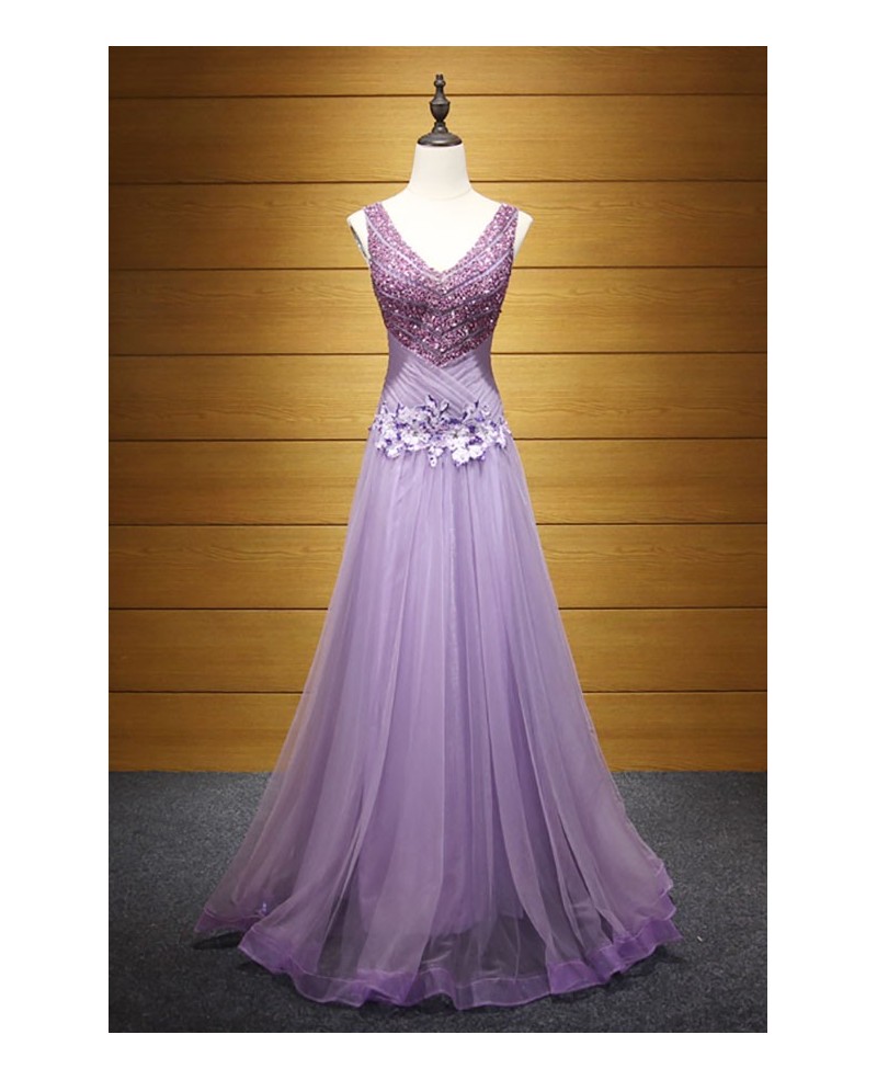 Purple A-line V-neck Floor-length Tulle Prom Dress With Beading