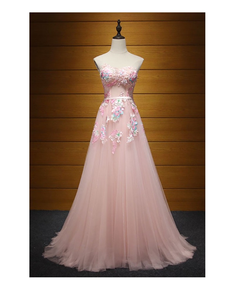 Pink A-line Sweetheart Floor-length Tulle Prom Dress With Appliques Lace