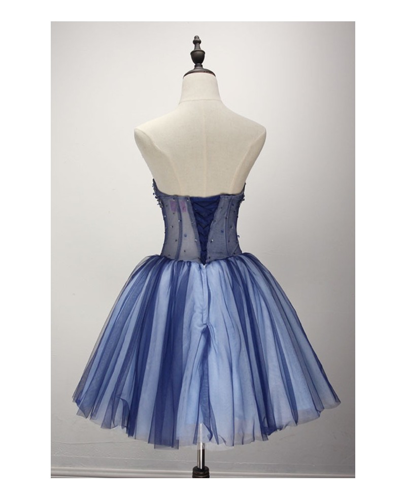Blue Ball-gown Strapless Short Tulle Homecoming Dress With Beading - Click Image to Close