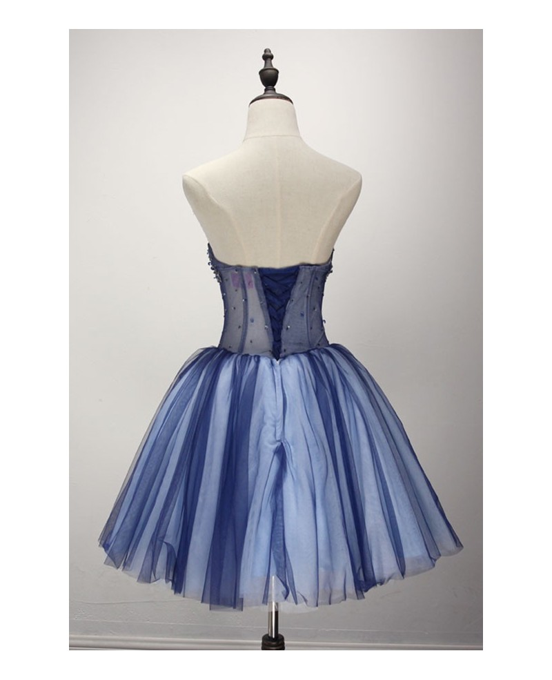 Blue Ball-gown Strapless Short Tulle Homecoming Dress With Beading