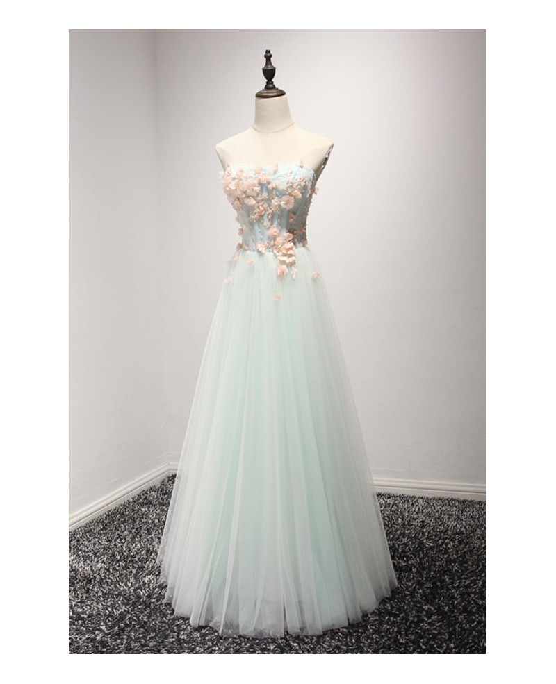 Mint Green A-line Sweetheart Floor-length Tulle Prom Dress With Flowers