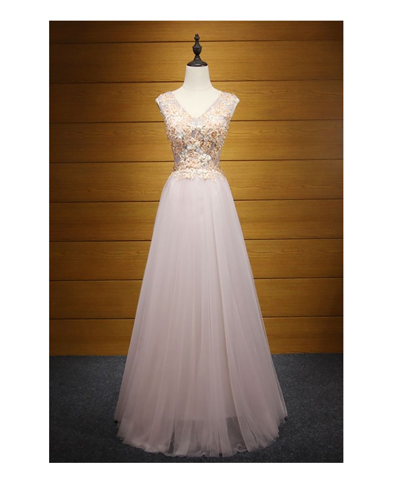 Blush A-line V-neck Floor-length Tulle Prom Dress With Appliques Lace