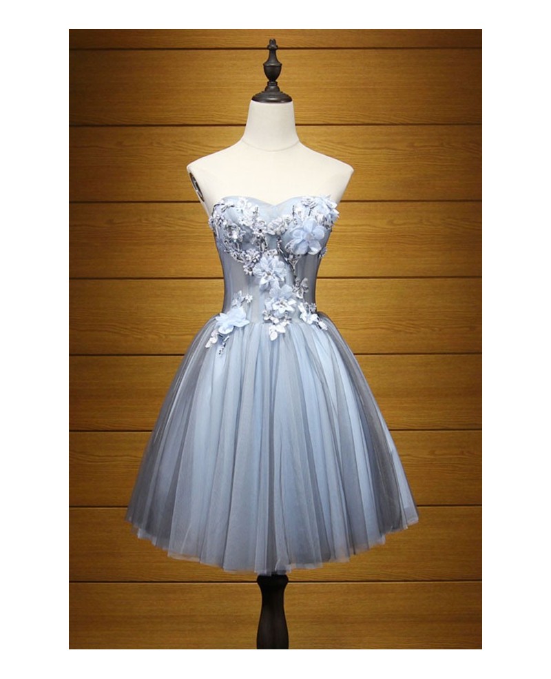 Dusty Blue Ball-gown Sweetheart Short Tulle Homecoming Dress With Appliques Lace