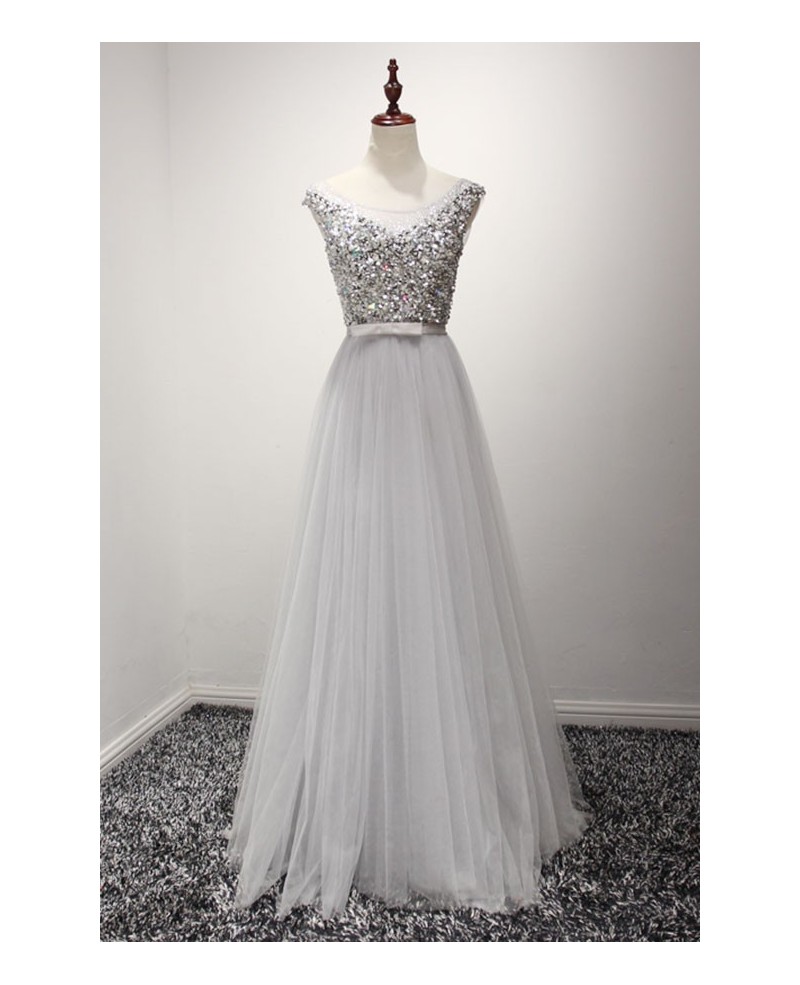 Dusty A-line Scoop Neck Floor-length Tulle Prom Dress With Sequins