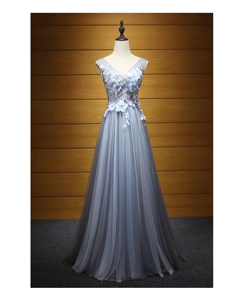 Romantic A-line V-neck Floor-length Tulle Prom Dress With Open Back