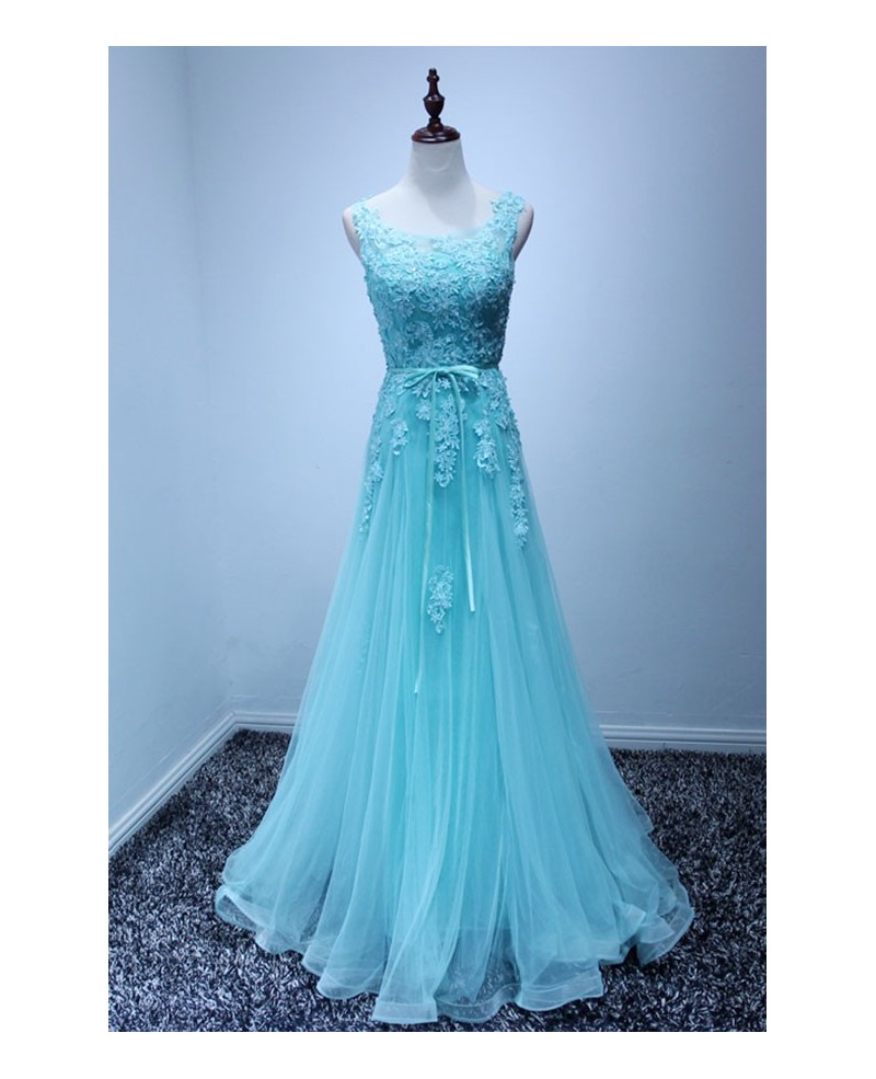 Feminine A-line Scoop Neck Floor-length Tulle Prom Dress With Appliques Lace