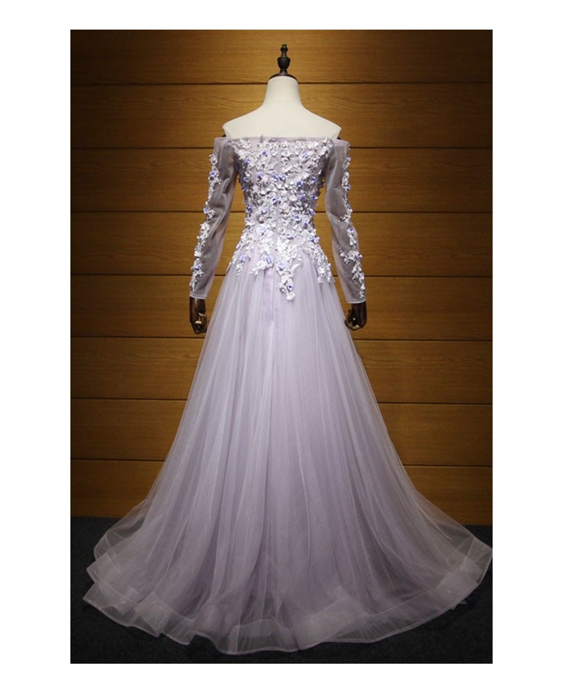 Dreamy A-line Off-the-shoulder Floor-length Tulle Prom Dress With Appliques Lace