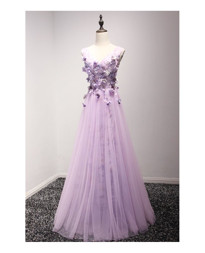 Romantic A-line V-neck Floor-length Tulle Prom Dress With Flowers