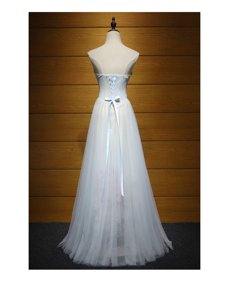 Grey A-line Sweetheart Floor-length Tulle Prom Dress With Flowers