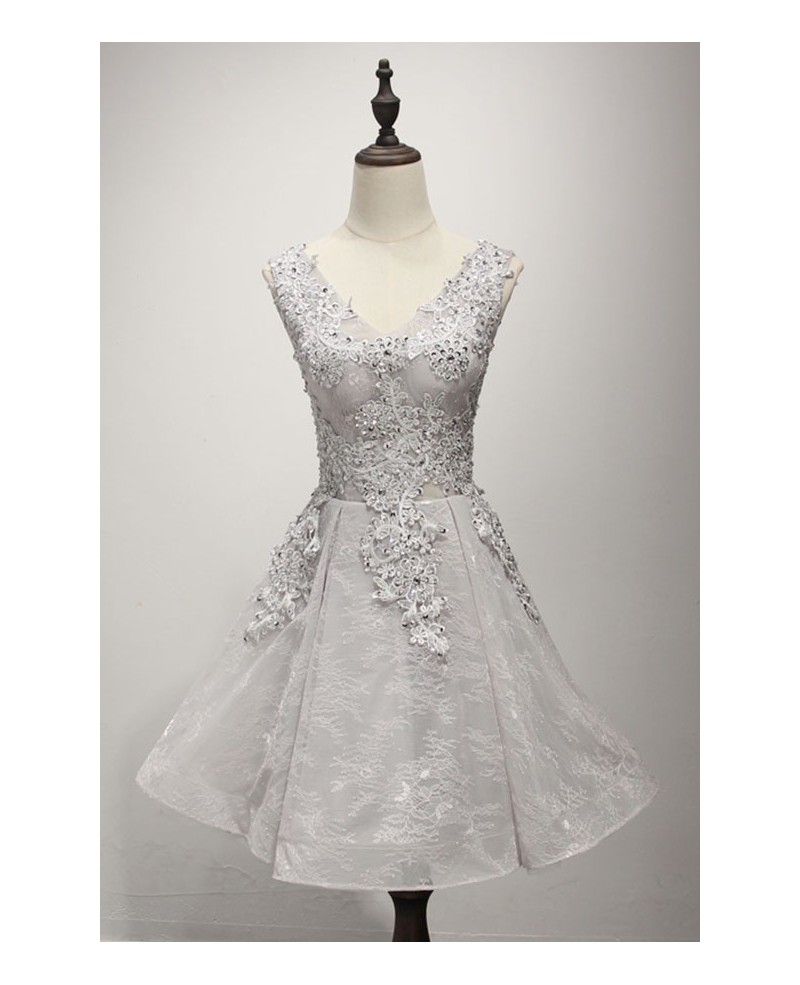 Dusty A-line V-neck Short Organza Homecoming Dress With Appliques Lace