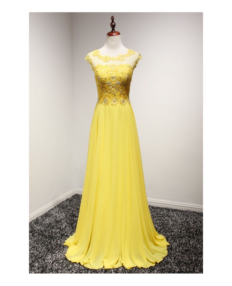Yellow A-line Scoop Neck Floor-length Chiffon Prom Dress With Lace