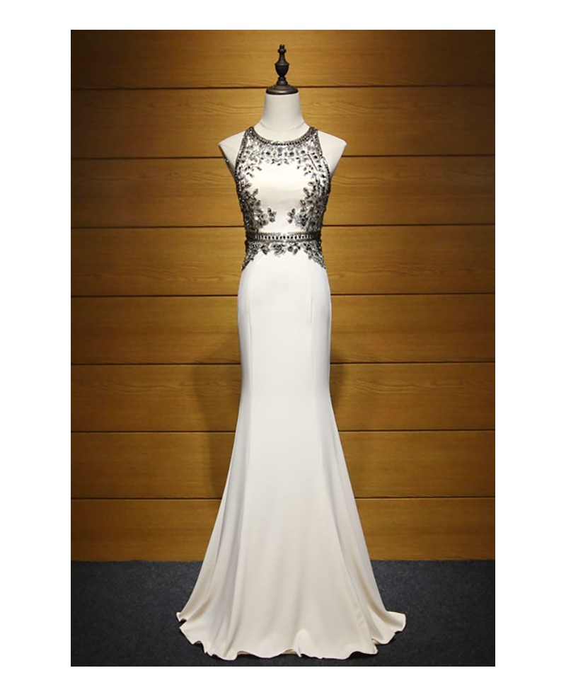 Exclusive Sheath Scoop Neck Floor-length Satin Prom Dress With Beading - Click Image to Close