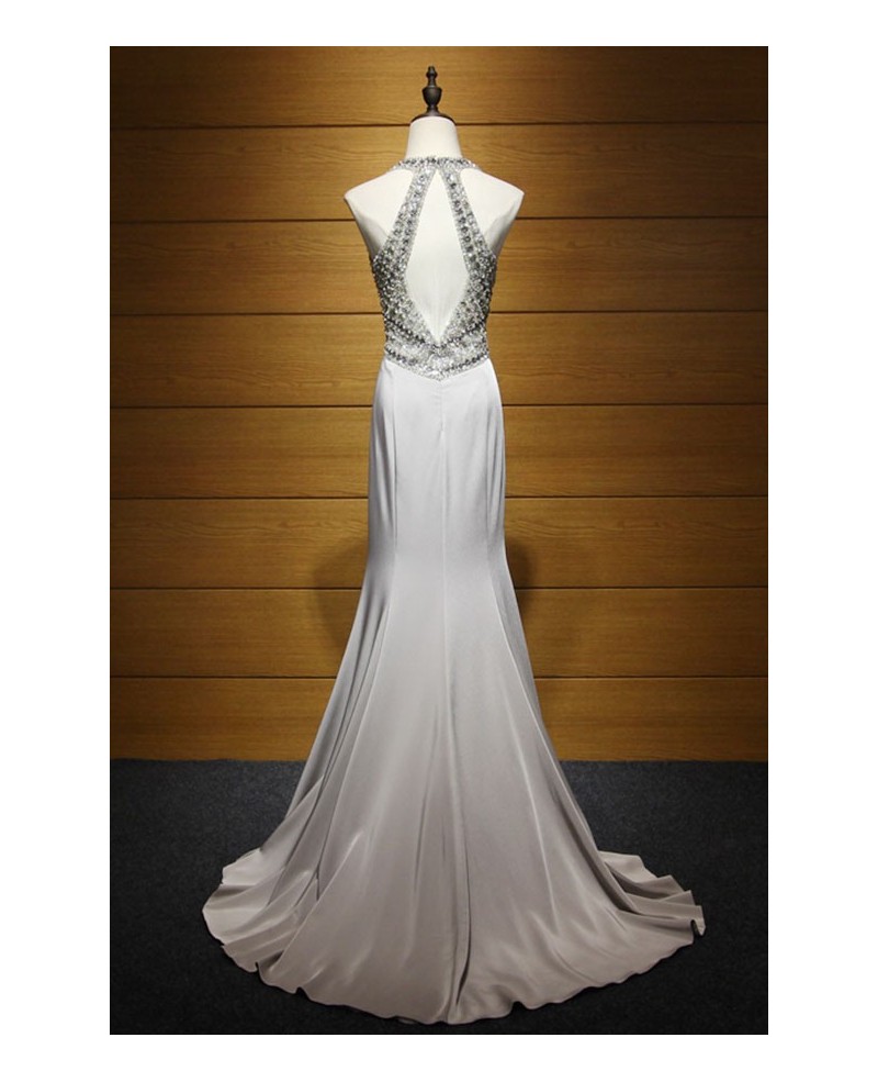 Sexy Sheath Halter Sweep Train Satin Chiffon Prom Dress With Beading - Click Image to Close