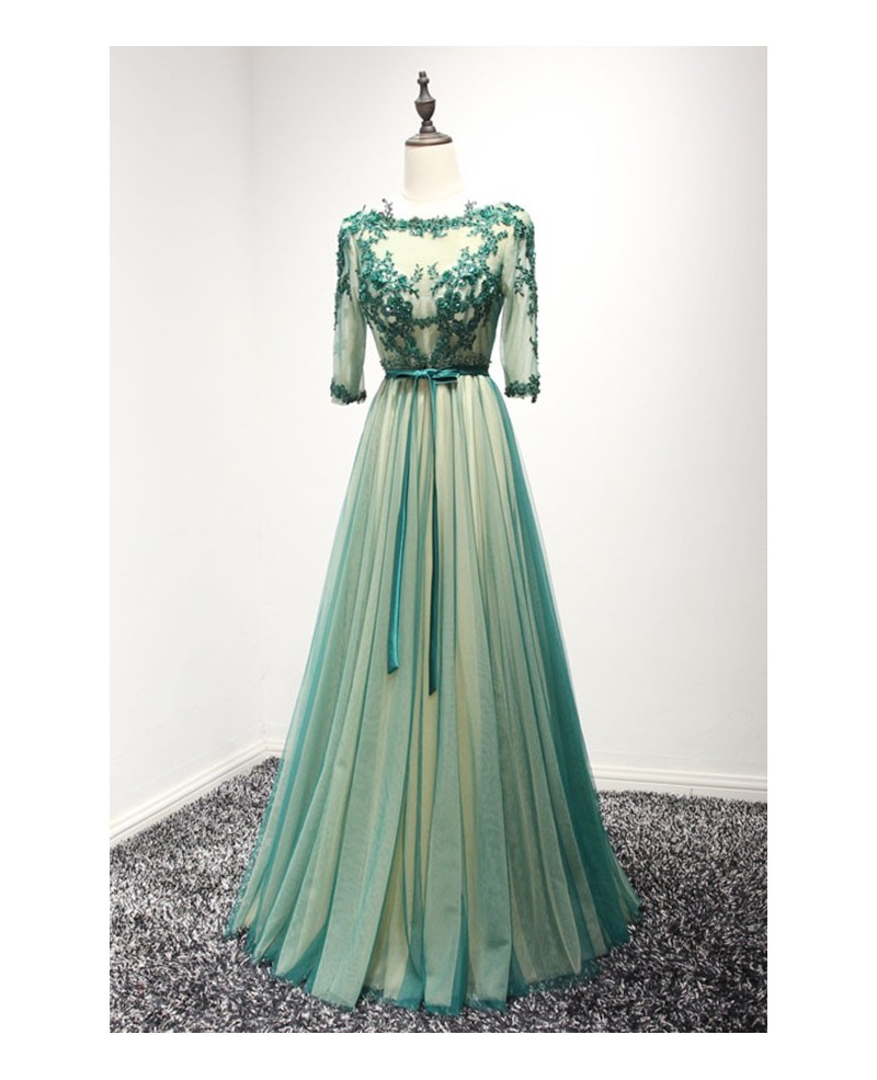 Green A-line Scoop Neck Floor-length Tulle Prom Dress With Appliques Lace