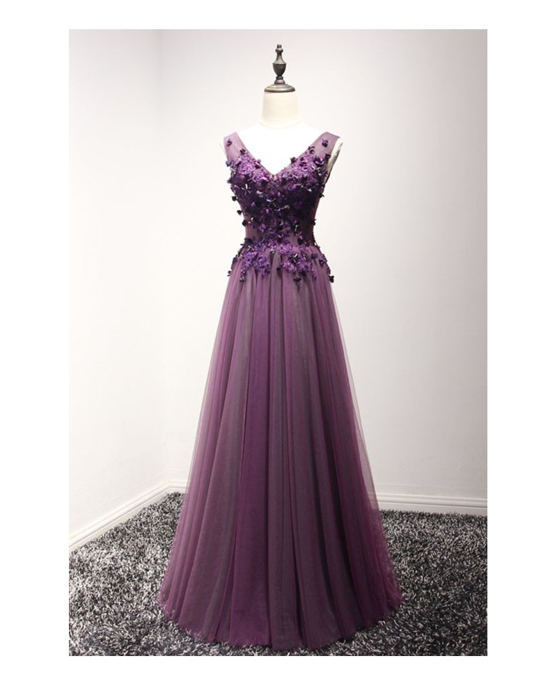 Grape A-line V-neck Floor-length Tulle Prom Dress With Appliques Lace