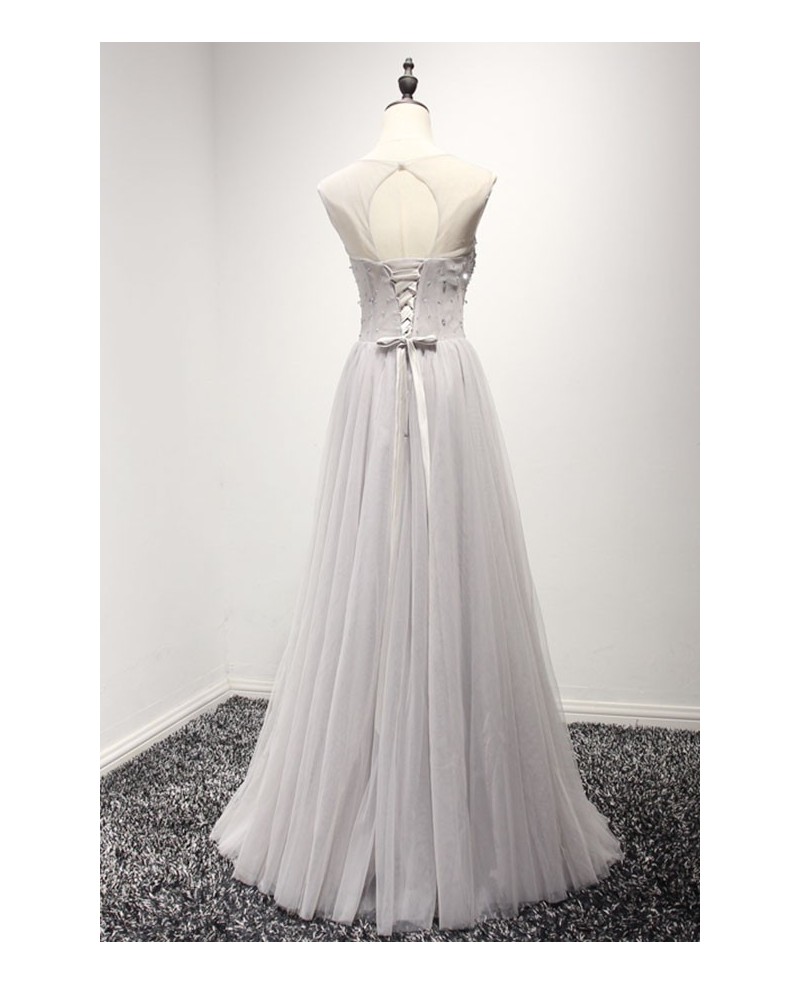 Dusty A-line Scoop Neck Floor-length Tulle Prom Dress With Beading