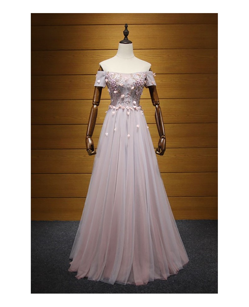 Blush A-line Off-the-shoulder Floor-length Tulle Prom Dress With Beading