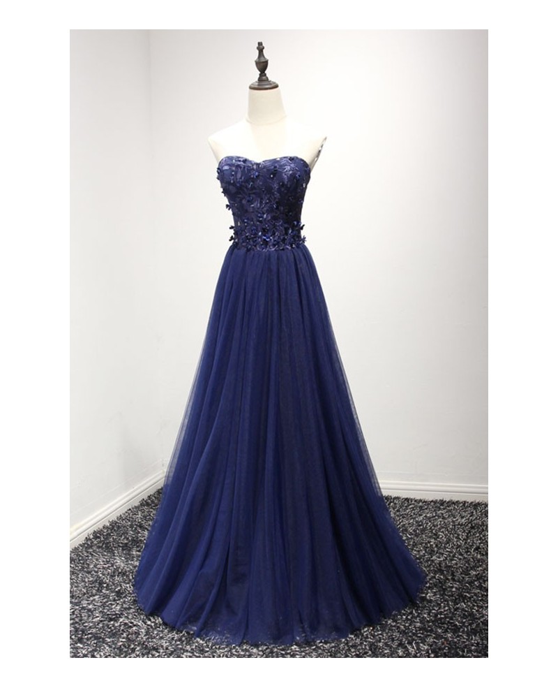 Navy A-line Sweetheart Floor-length Tulle Prom Dress With Appliques Lace