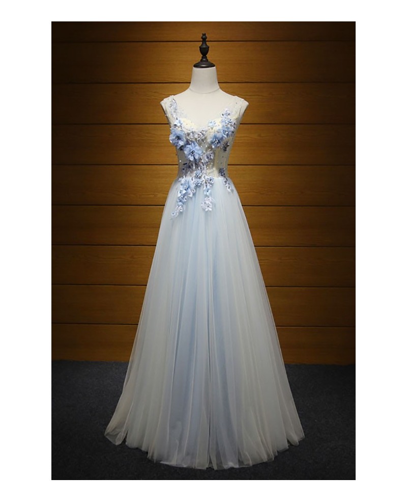 Romantic A-line V-neck Floor-length Tulle Prom Dress With Flowers