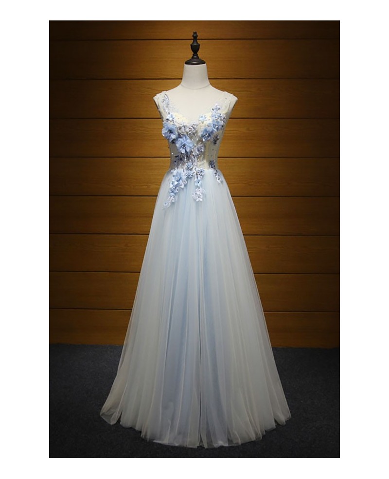 Romantic A-line V-neck Floor-length Tulle Prom Dress With Flowers - Click Image to Close