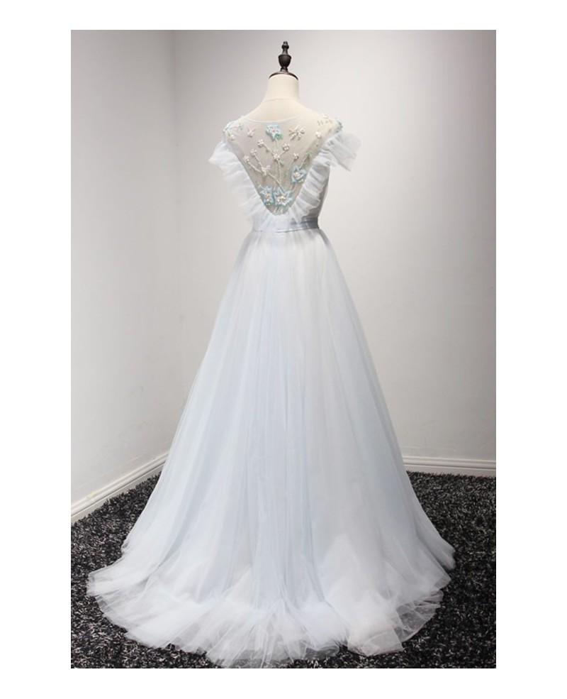 Blue Ball-gown Sweetheart Floor-length Tulle Prom Dress With Beading