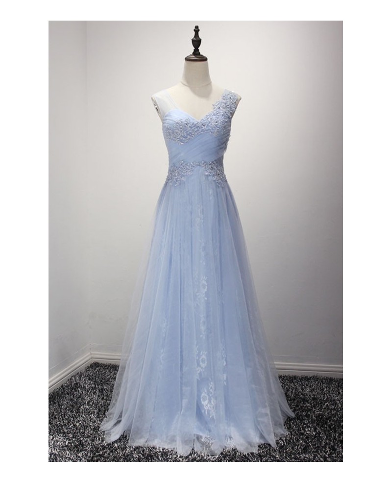 Sky Blue A-line V-neck Floor-length Tulle Prom Dress With Appliques Lace