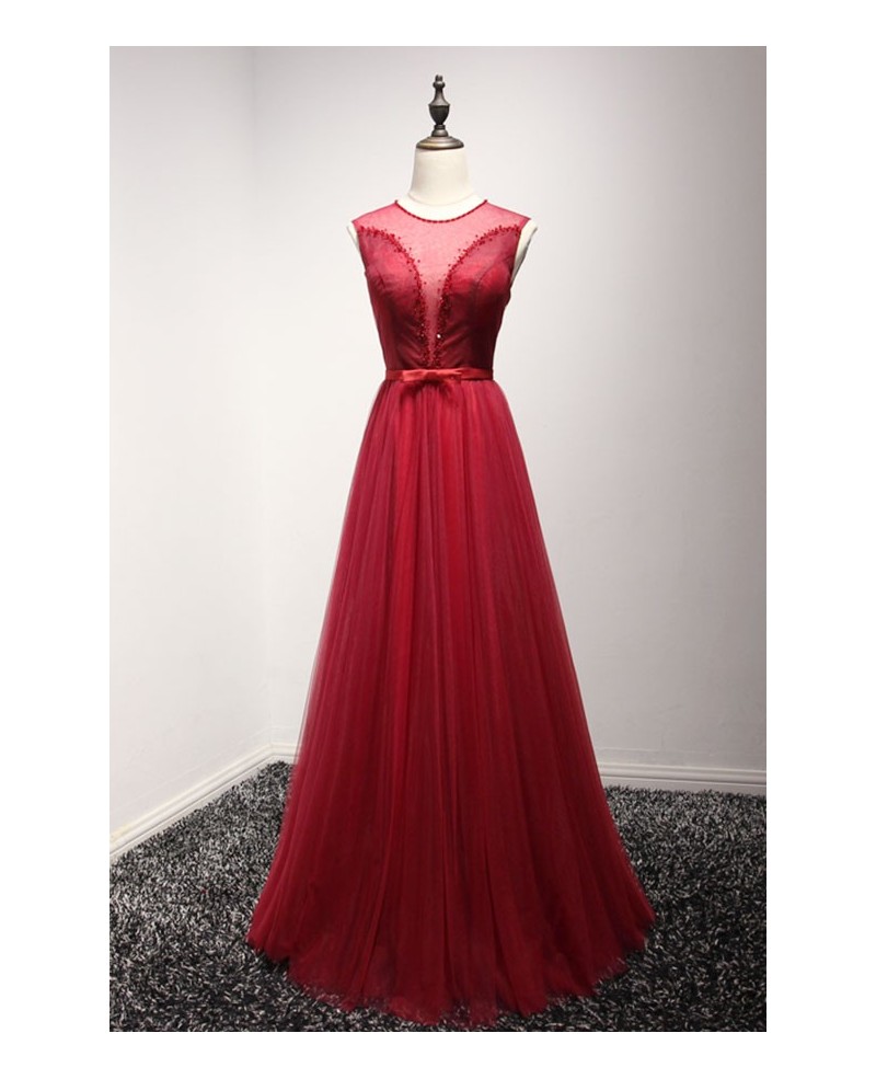 Red A-line Scoop Neck Floor-length Tulle Prom Dress With Beading