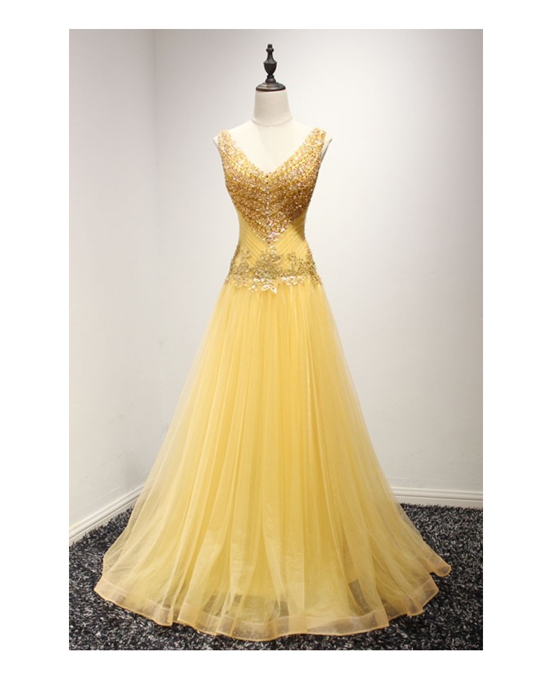 Yellow A-line V-neck Floor-length Tulle Prom Dress With Beading