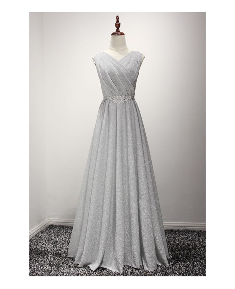 Elegant A-line V-neck Floor-length Sequined Prom Dress With Belt - Click Image to Close