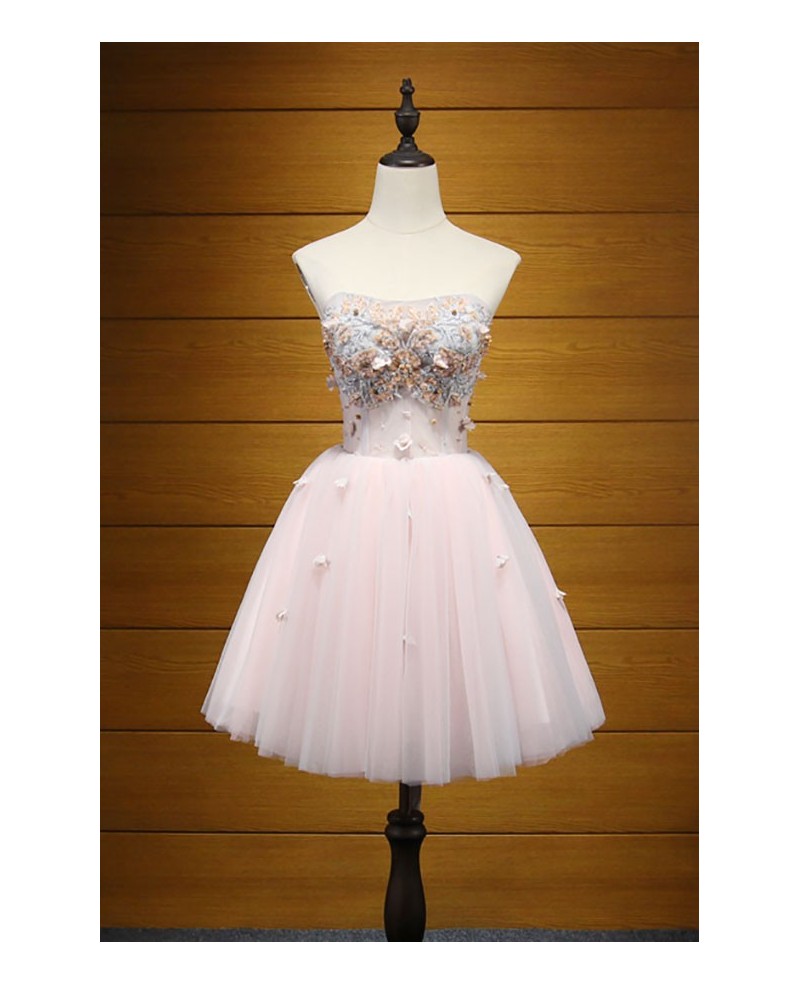 Pink Ball-gown Strapless Short Tulle Homecoming Dress With Appliques Lace