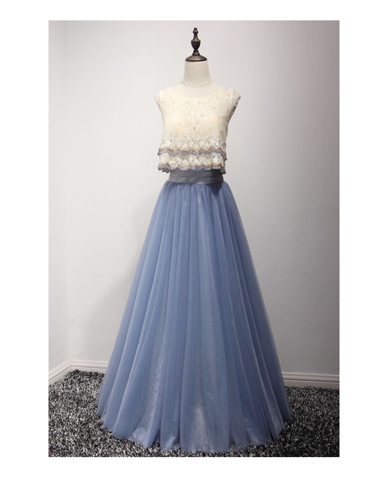 Chic A-line Scoop Neck Floor-length Tulle Prom Dress With Beading