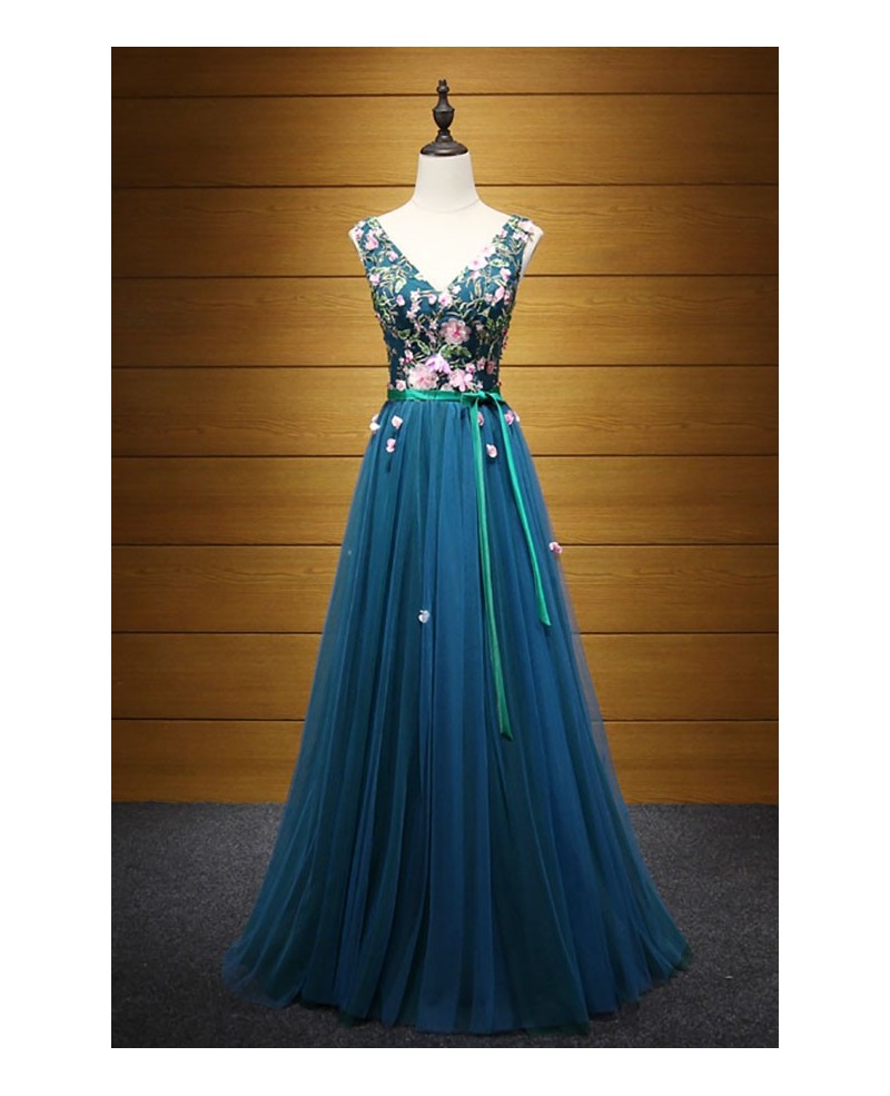 Exquisite A-line V-neck Floor-length Tulle Prom Dress With Embroidery