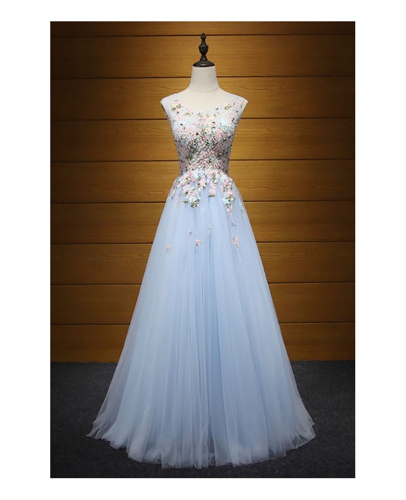 Exquisite Ball-gown V-neck Floor-length Tulle Prom Dress With Beading - Click Image to Close