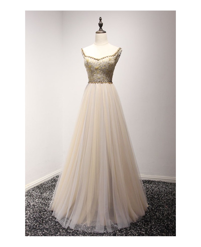 Champagne A-line V-neck Floor-length Tulle Prom Dress With Beading - Click Image to Close