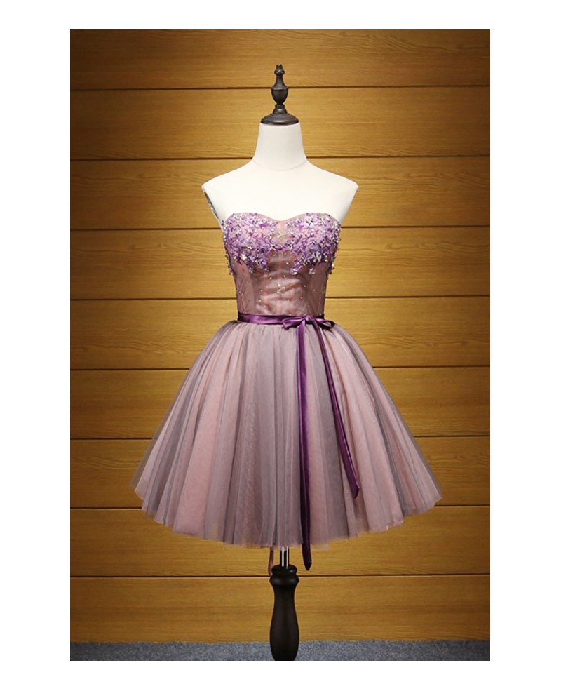 Purple Ball-gown Sweetheart Short Tulle Homecoming Dress With Beading - Click Image to Close